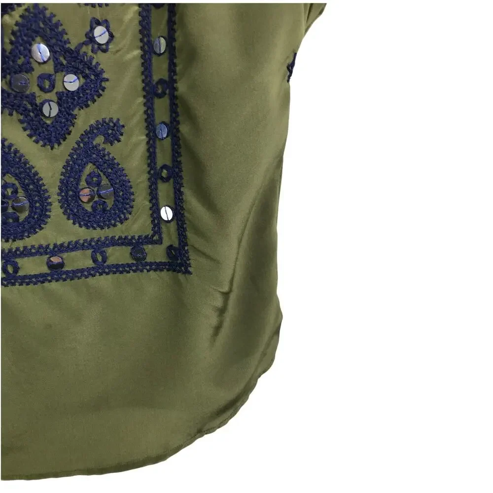 Tory Burch Camille Embroidered Silk Blouse Womens Size 0 Olive Green‎ boho chic